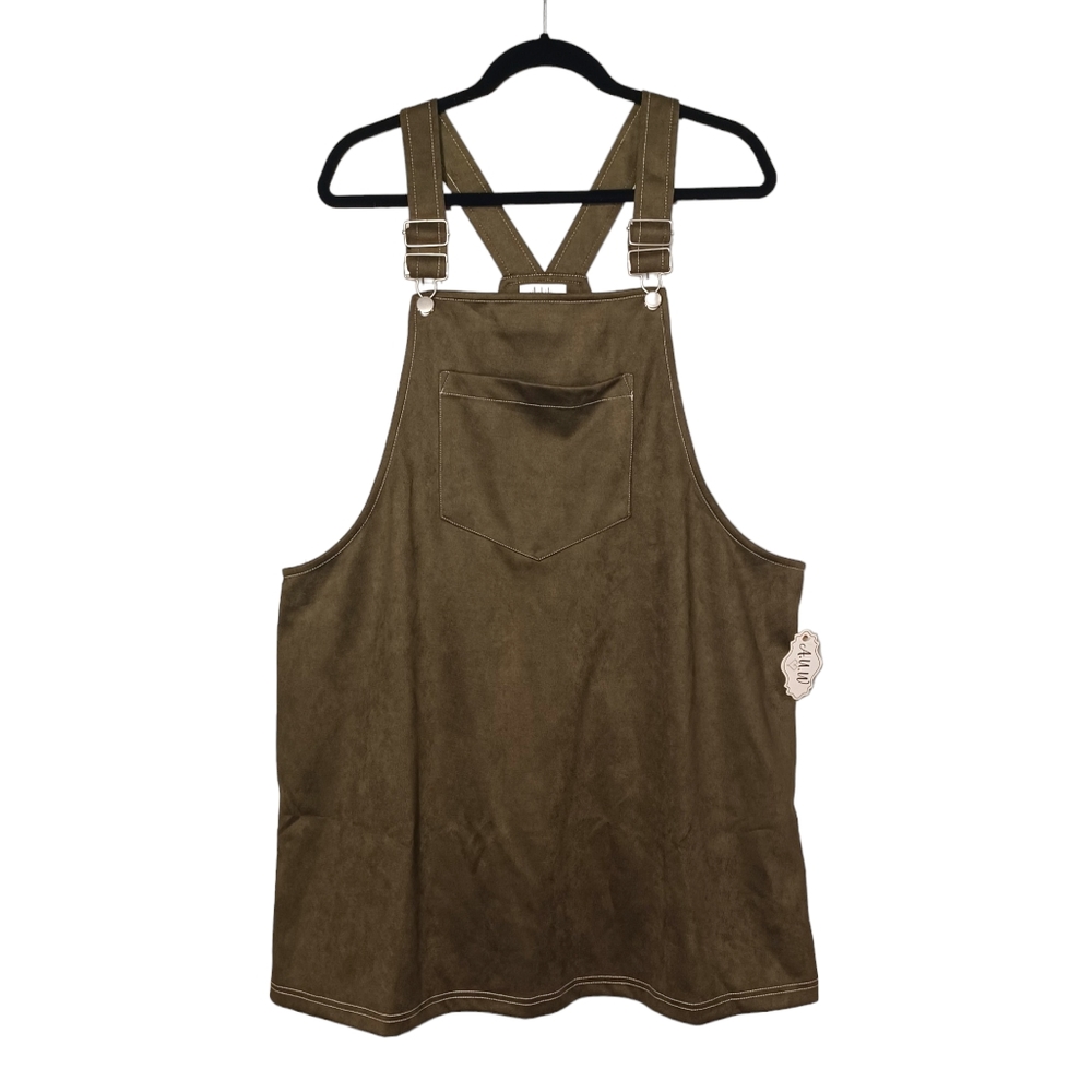 AUW Faux Suede Olive Green Sleeveless Overall Dress 1X NWT